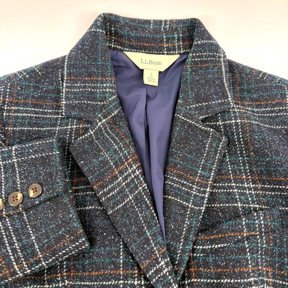 LL Bean Womens Blue Plaid Wool Silk Blend Blazer Jacket‎ Petite S